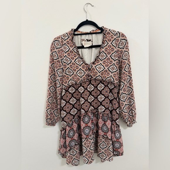 Anthropologie XS Boho Mixed Print Ruffle Mini Dress - Picture 3 of 5